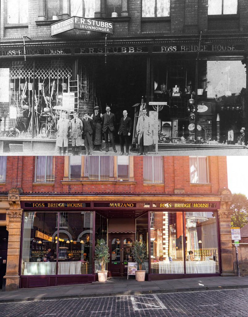 Historic and modern comparison of Foss Bridge House on Fossgate, York, featuring the original F.R. Stubbs Ironmonger storefront and today’s Marzano Italian Grill exterior.