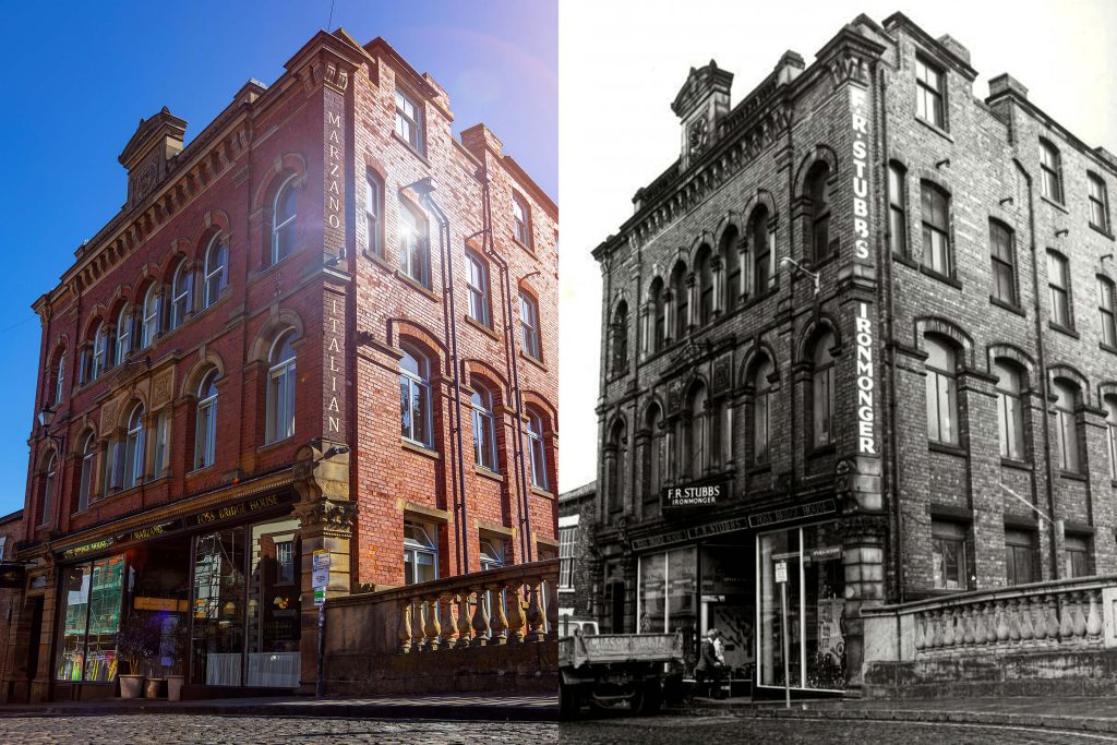 Before-and-after view of Foss Bridge House on Fossgate, York, featuring Marzano Italian Grill in the present day and the original F.R. Stubbs Ironmonger storefront.