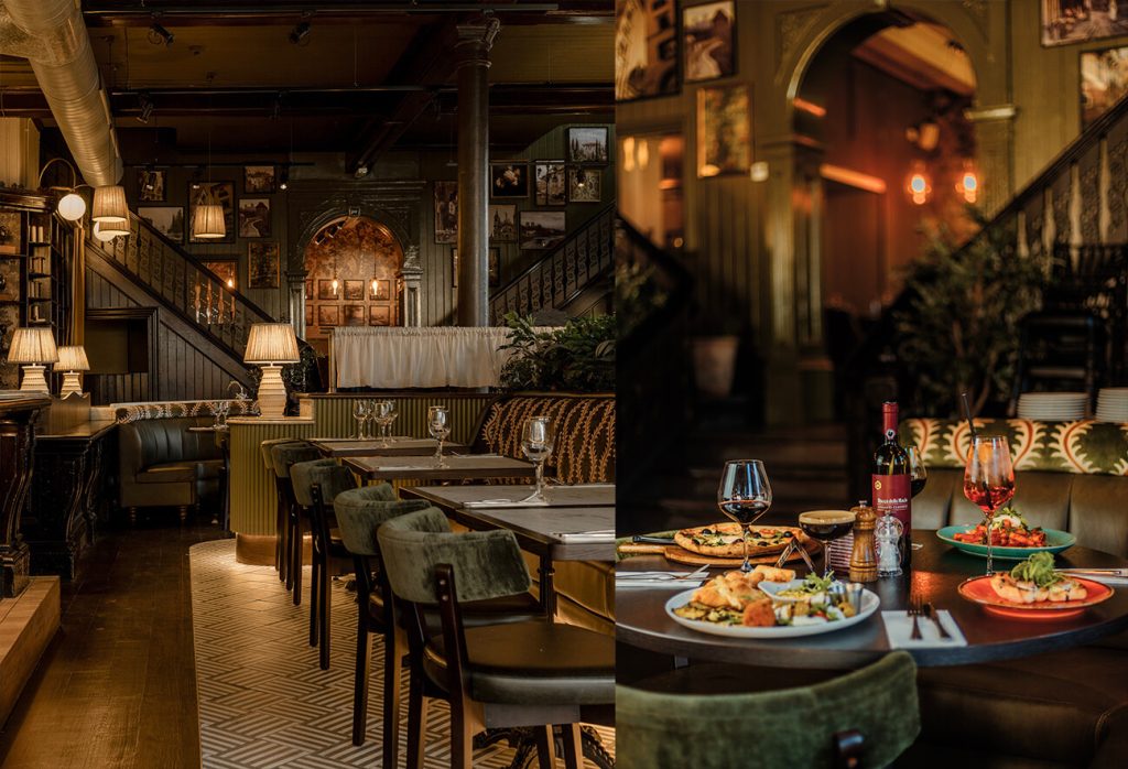 Marzano Italian Grill York interior with warm vintage décor, elegant dining space, and Italian food and wine displayed on the table.