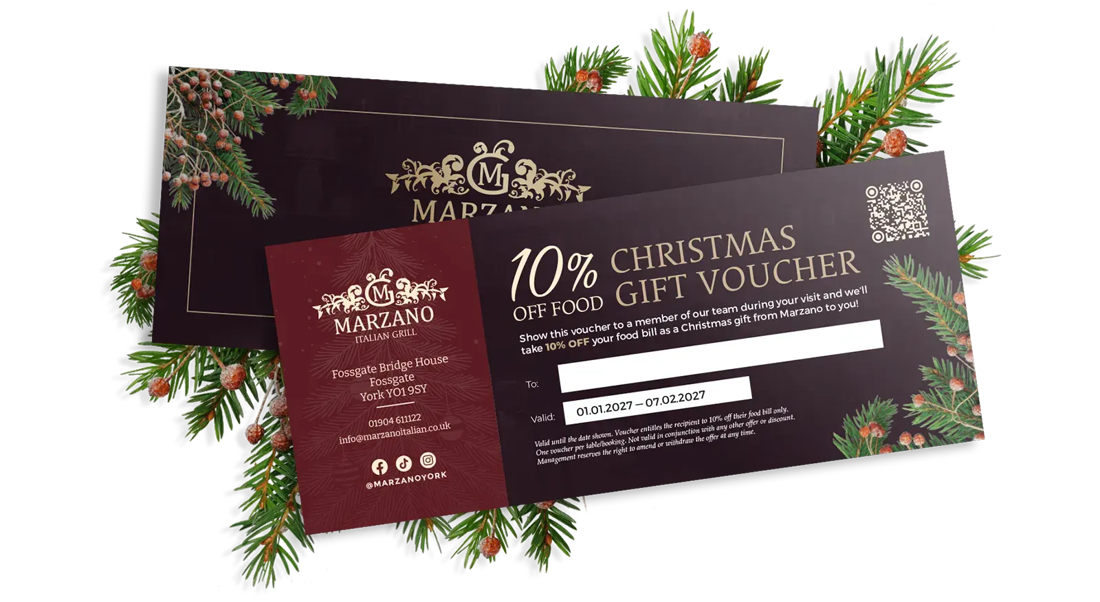 Marzano Italian Grill Christmas gift voucher offering 10% off food on a return visit.